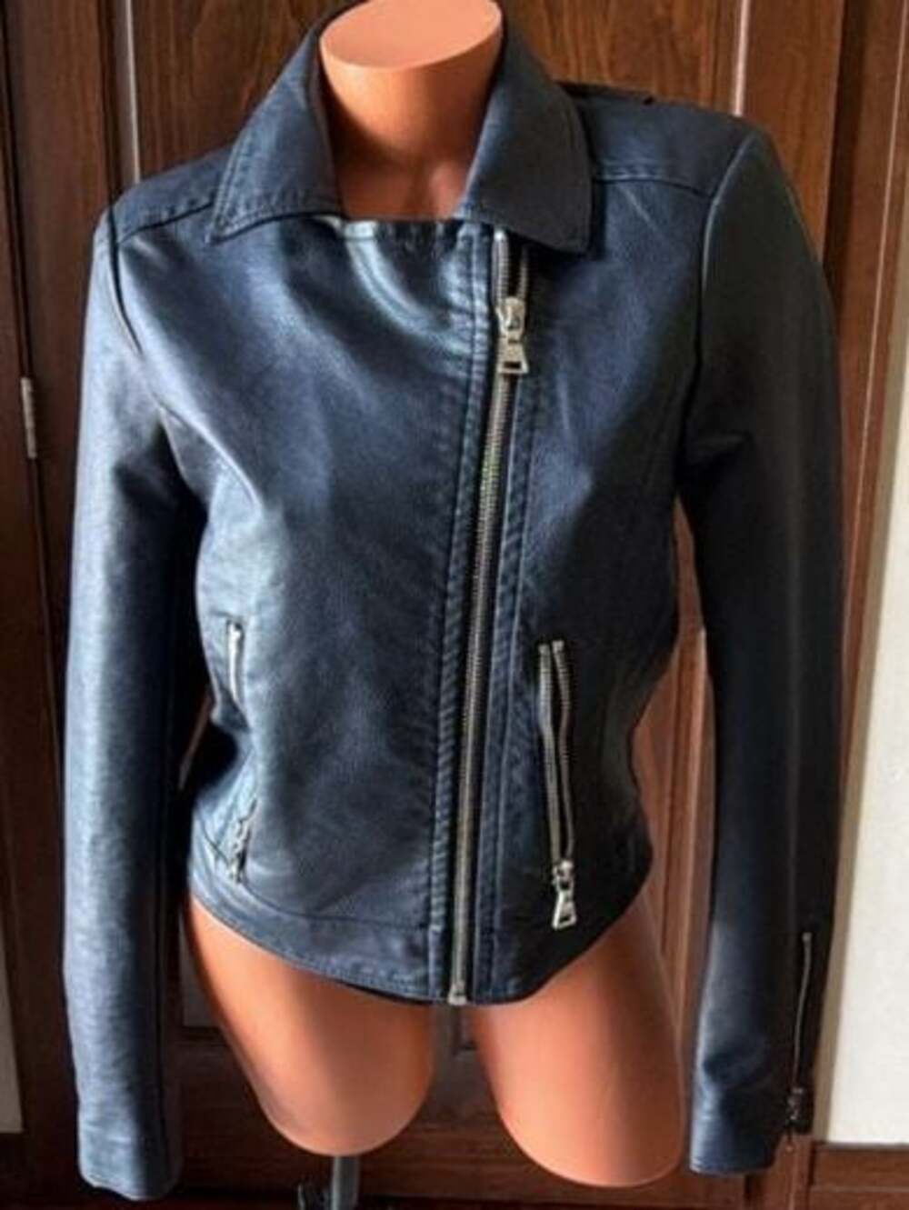 Express Women's Navy Faux Leather Asymmetrical Moto Biker Jacket